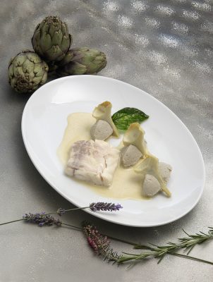 pavé de rascasse, purée d 'artichauts au basilic Patrice Caillault