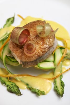 tournedos de lieu de ligne,tagliatelles d asperges,beurre vanillé à l orang , Guy Guilloux